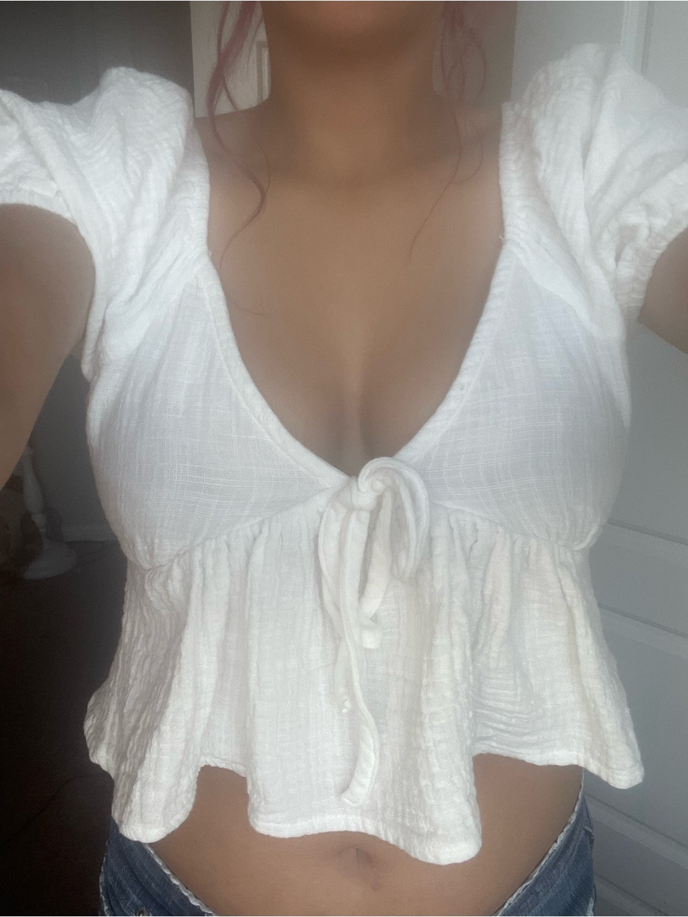 miami White Tie-Front Puff Sleeve Crop Top
